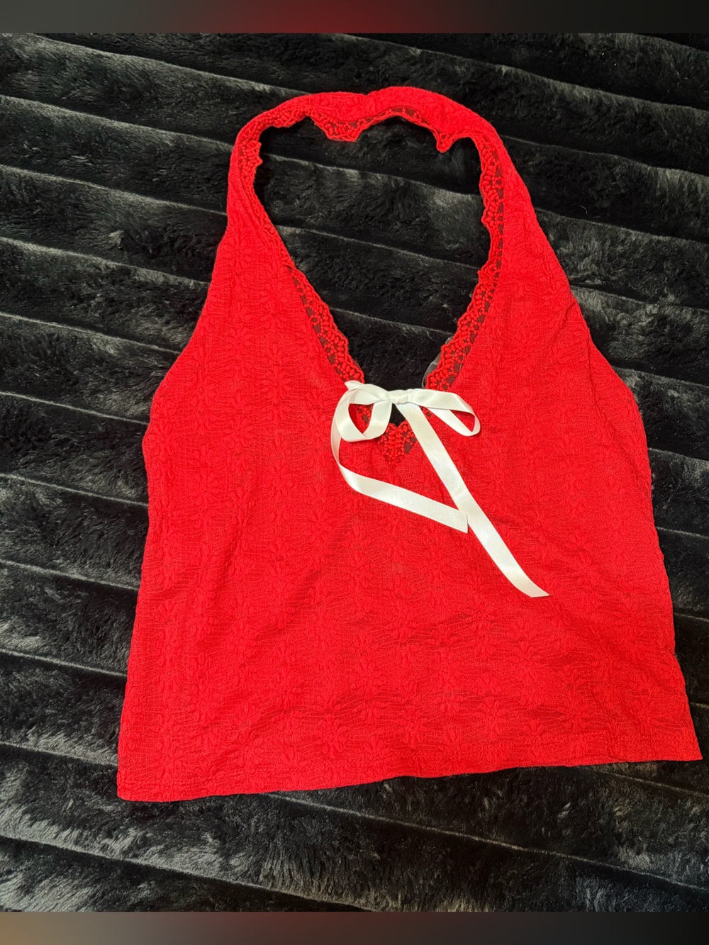 Red Lace Halter Tank with White Ribbon